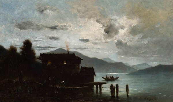 Mountain lake at night  by Wladyslaw Aleksander Malecki - Hand-Painted Oil Painting Reproduction