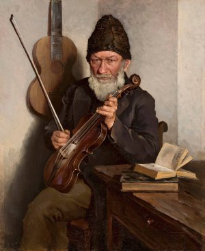 Old man with a fiddle by Wladyslaw Ciesielski Oil Painting