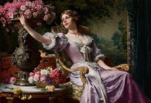 Lady in a lilac dress with flowers by Wladyslaw Czachorski Oil Painting