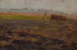 Ploughing Oxen by Wladyslaw Ostrowski Oil Painting