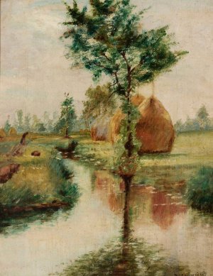 Haystacks at a Stream by Wladyslaw Podkowinski Oil Painting