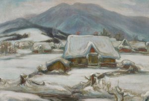 Cottages in the snow by Wladyslaw Slewinski Oil Painting