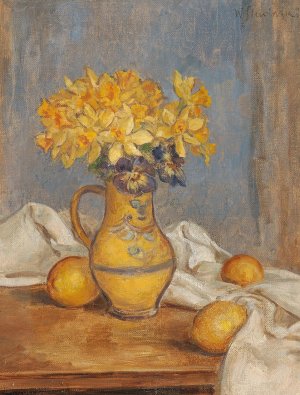 Daffodils in a Vase and Lemons by Wladyslaw Slewinski Oil Painting