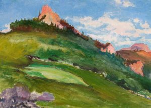 Landscape with pink mountain peaks by Wladyslaw Slewinski Oil Painting