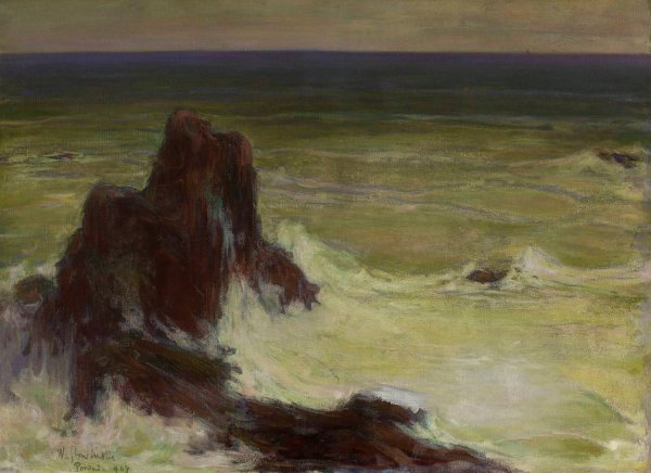 Sea with a solitary rock  by Wladyslaw Slewinski - Hand-Painted Oil Painting Reproduction