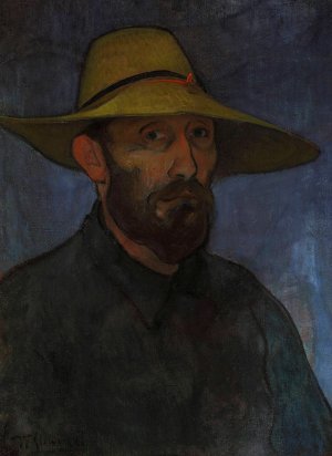 Self-portrait in a straw hat by Wladyslaw Slewinski Oil Painting