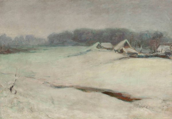 Winter landscape with cottages  by Wladyslaw Slewinski - Hand-Painted Oil Painting Reproduction