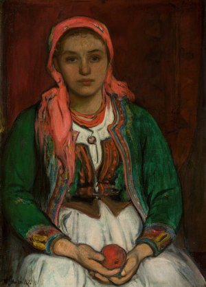Young woman from the Highlands with an apple by Wladyslaw Slewinski Oil Painting