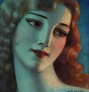 Head of girl with long blonde hair by Wladyslaw Theodore Benda Oil Painting