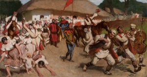 Folk scene - king among peasants by Wlodzimierz Tetmajer Oil Painting
