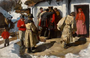 Musicians in Bronowice - in front of a tavern by Wlodzimierz Tetmajer Oil Painting