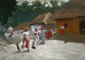 Talking on a rural road by Wlodzimierz Tetmajer Oil Painting