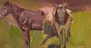 Two horses, sketch by Wlodzimierz Tetmajer Oil Painting