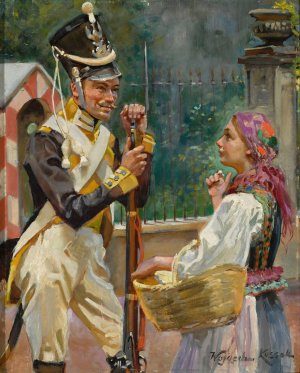 A Soldier and a Girl - in front of the Belvedere by Wojciech Kossak Oil Painting