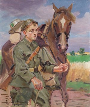 A Soldier with a Horse by Wojciech Kossak Oil Painting