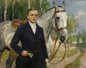 Portrait of Bronislaw Krystall with a horse by Wojciech Kossak Oil Painting