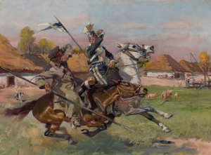 Uhlan fighting a Cossack by Wojciech Kossak Oil Painting