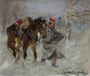 Uhlan Leading a Horse Oil painting by Wojciech Kossak