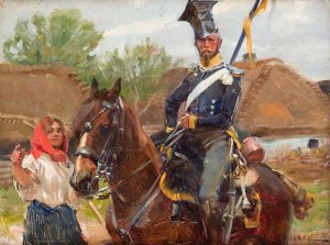 Uhlan with a Girl by Wojciech Kossak Oil Painting