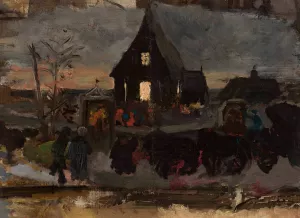 To the Advent dawn mass, sketch by Wojciech Piechowski Oil Painting