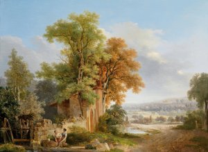 Wascherinnen vor weiter Landschaft by Wolfgang Adam Topffer Oil Painting