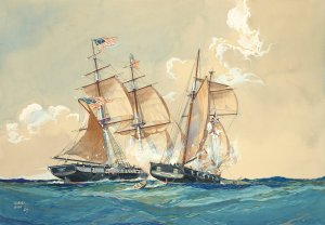 Action between the U.S.S. Brig. Chasseur and British Schooner St. Lawrence, Feb. 26, 1815 by Worden Wood Oil Painting