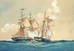 Action between the U.S.S. Brig. Chasseur and British Schooner St. Lawrence, Feb. 26, 1815 by Worden Wood Oil Painting