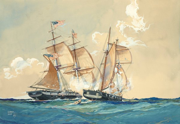 Action between the U.S.S. Brig. Chasseur and British Schooner St. Lawrence, Feb. 26, 1815 by Worden Wood - Hand-Painted Oil Painting Reproduction