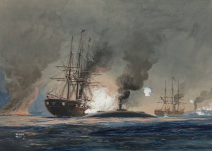 Action Between U.S.S. Brooklyn and C.S.S. Ram Manassas at Forts Jackson and St. Philip by Worden Wood Oil Painting