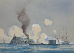 Action between U.S.S. Monitor and C.S.S. Ram Merrimac, in Hampton Roads, VA; Civil War by Worden Wood Oil Painting