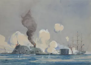 Action between U.S.S. Monitor and C.S.S. Ram Merrimac, in Hampton Roads, VA; Civil War by Worden Wood Oil Painting