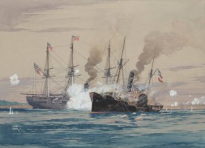 U.S.S. Pensacola and the C.S.S. Governor Moore by Worden Wood Oil Painting