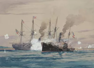 U.S.S. Pensacola and the C.S.S. Governor Moore by Worden Wood Oil Painting