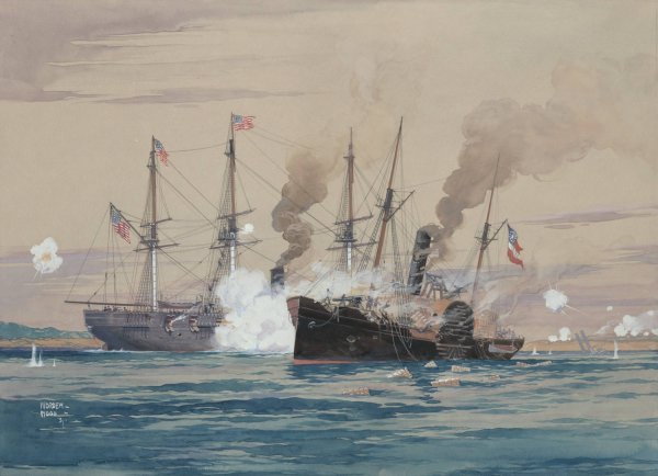 U.S.S. Pensacola and the C.S.S. Governor Moore by Worden Wood - Hand-Painted Oil Painting Reproduction