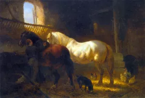 Horses in a Stable by Wouter Verschuur Oil Painting