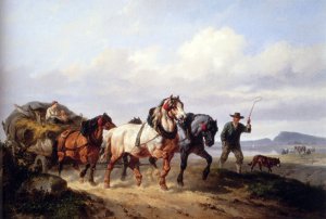 Horses Pulling A Hay Wagon In A Landscape