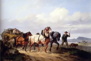 Horses Pulling A Hay Wagon In A Landscape by Wouter Verschuur - Oil Painting Reproduction