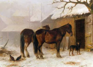 Horses in a Snow Covered Farm Yard by Wouterus Verschuur Jr. - Oil Painting Reproduction