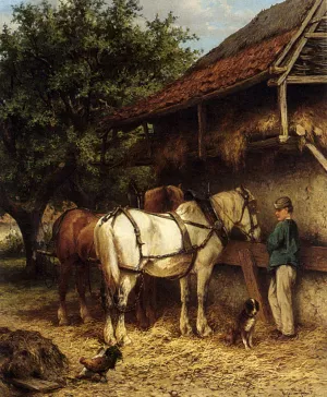 Two Horses by a Stable by Wouterus Verschuur Jr. - Oil Painting Reproduction