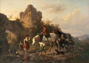 A driver with his family fording a stream by Wouterus Verschuur Oil Painting