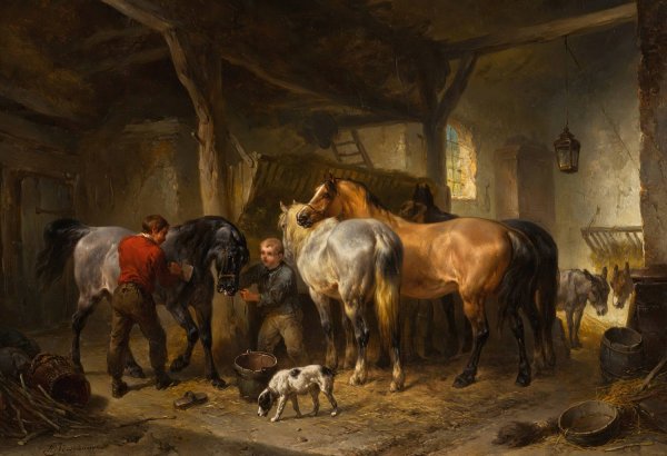 Main Product Photo of Horses In A Stable Painting by Wouterus Verschuur