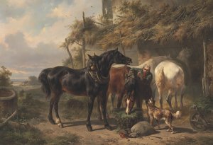 Horses Outside A Stable by Wouterus Verschuur Oil Painting