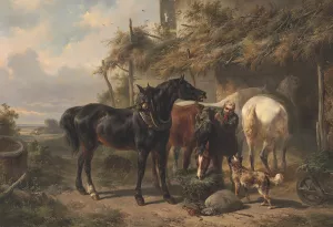 Horses Outside A Stable by Wouterus Verschuur Oil Painting