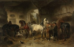 Interieur van een stal met paarden en figuren by Wouterus Verschuur Oil Painting