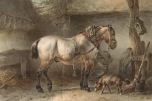 Paard en hond in een stal by Wouterus Verschuur Oil Painting