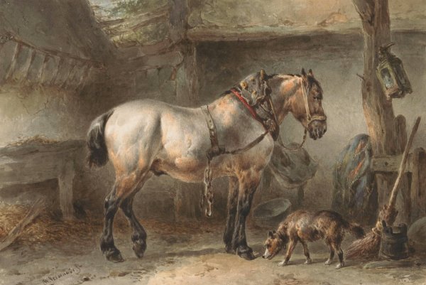 Main Product Photo of Paard en hond in een stal  Painting by Wouterus Verschuur
