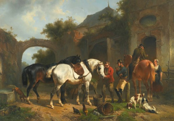 Main Product Photo of Sportsmen resting outside an inn Painting by Wouterus Verschuur