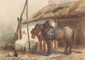 Twee paarden staand voor een stal by Wouterus Verschuur Oil Painting