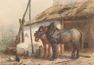 Twee paarden staand voor een stal by Wouterus Verschuur Oil Painting