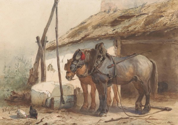 Main Product Photo of Twee paarden staand voor een stal  Painting by Wouterus Verschuur